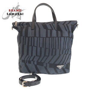 PRADA triangular logo plate gray black canvas leather tote bag shoulder